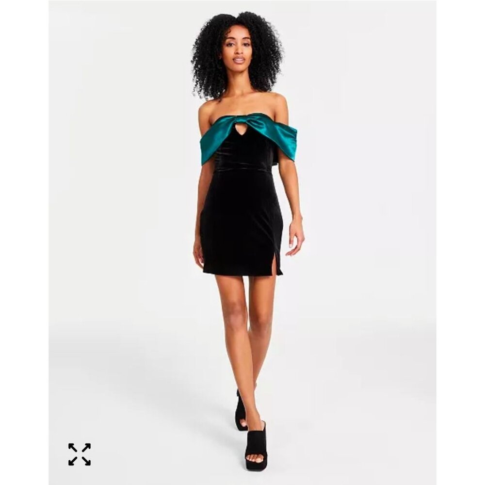 Avec Les Filles Womens Off-Shoulder Green & Black Velvet Cocktail Dress Size 2